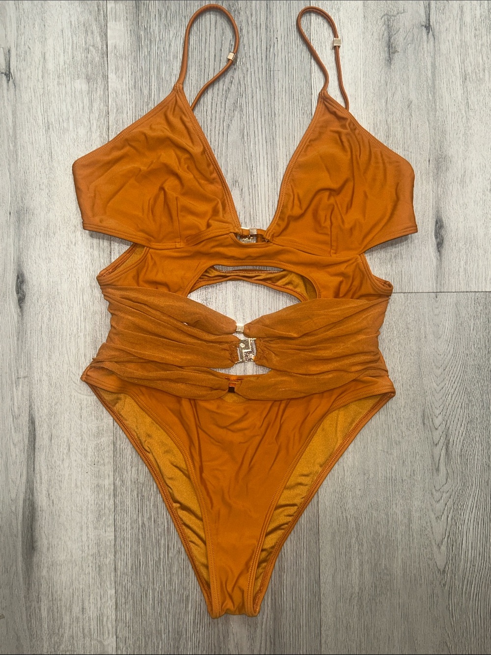 Orange Sexy Cutout One-Piece Swimsuit with Sheer and gold w/ studs detail Large